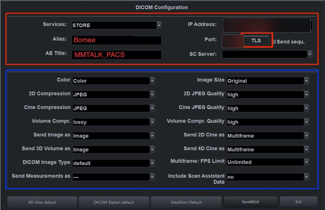 Bomee added as a send destination in the ultrasound machine's own DICOM settings — a software change, not a device