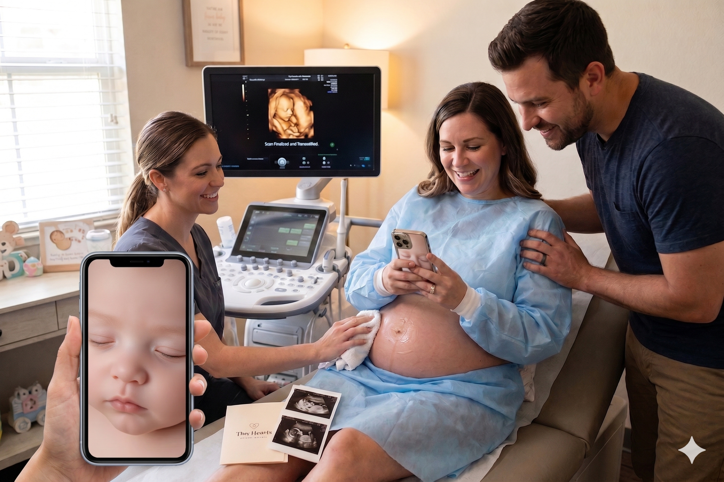 Mom smiling at phone in ultrasound room