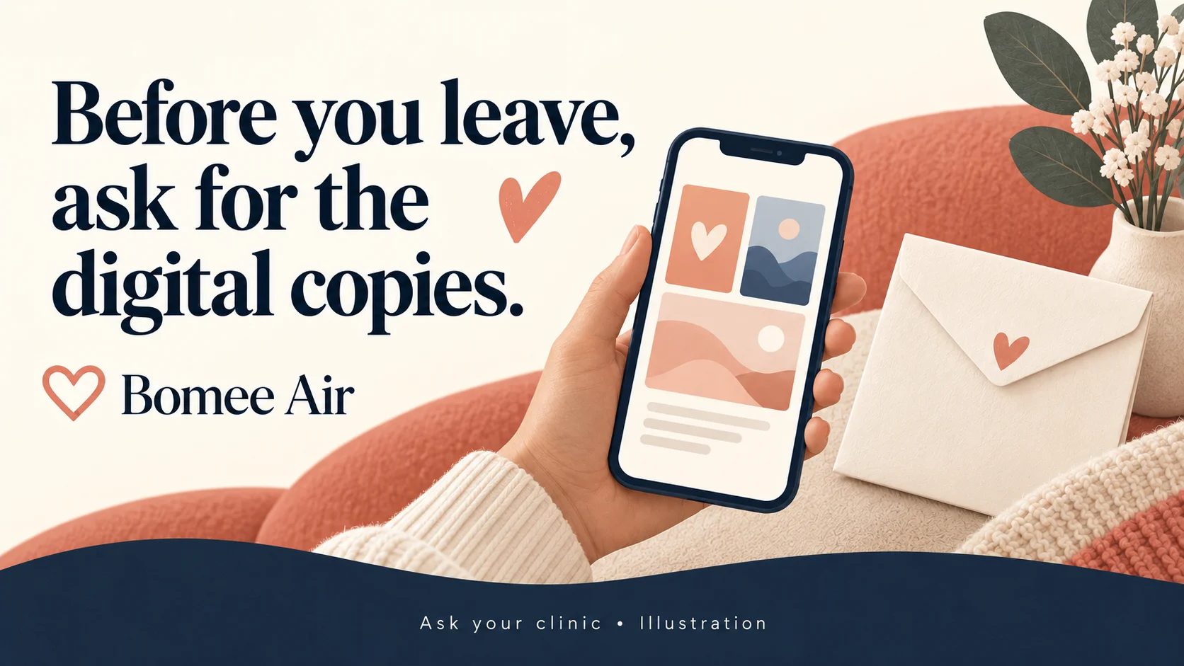 Concept illustration of a hand holding a phone beside an envelope with the words Before you leave, ask for the digital copies.