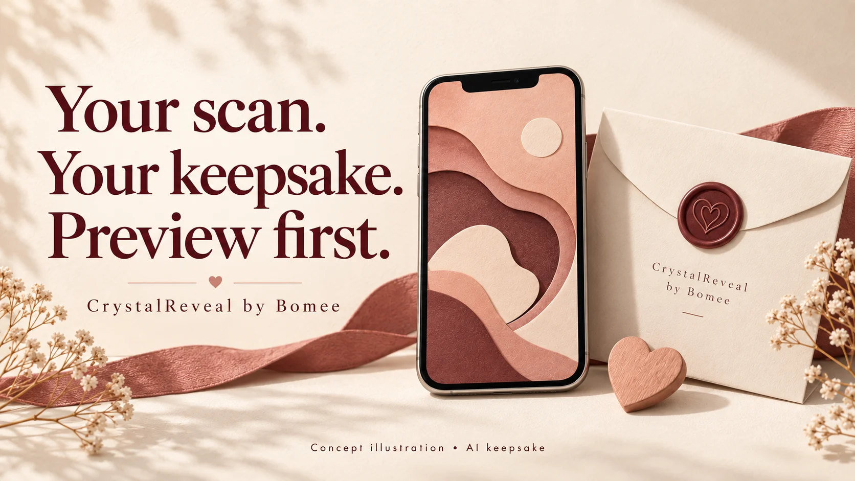Concept illustration of an abstract phone screen and keepsake envelope with the words Your scan. Your keepsake. Preview first.