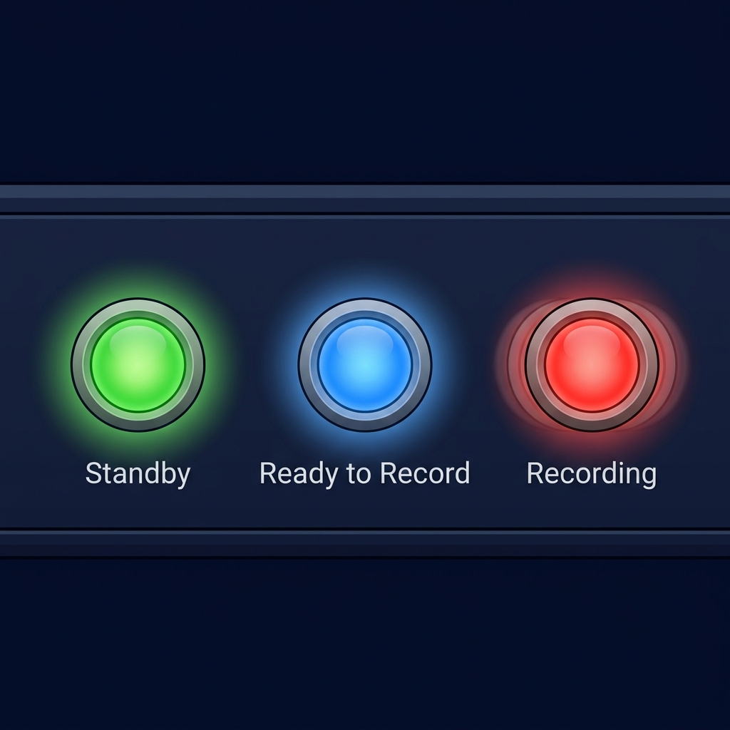 Bomee Core LED Status Indicators — Standby (Green), Ready to Record (Blue), Recording (Red)