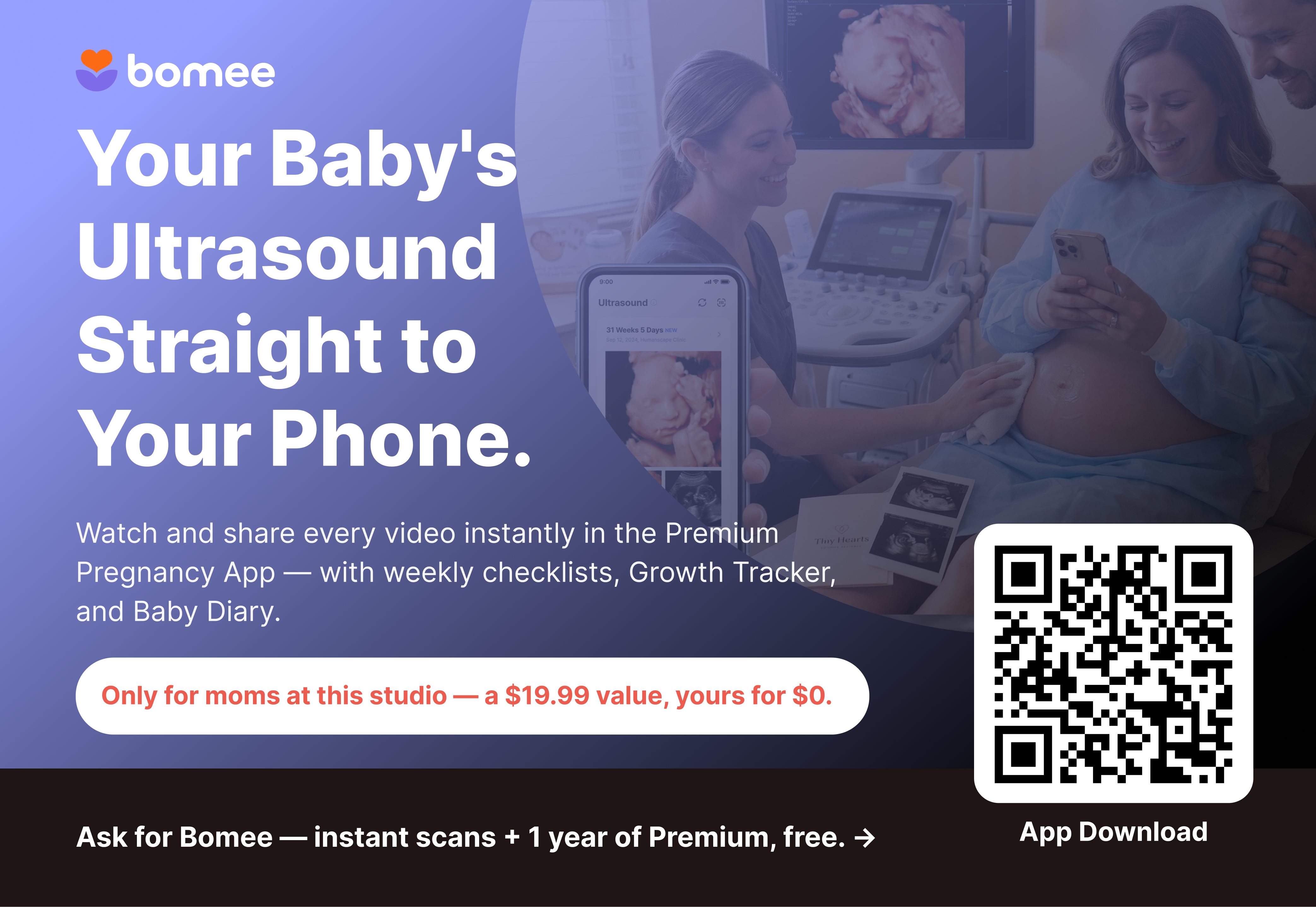 Editorial flyer — phone hand-off + QR download