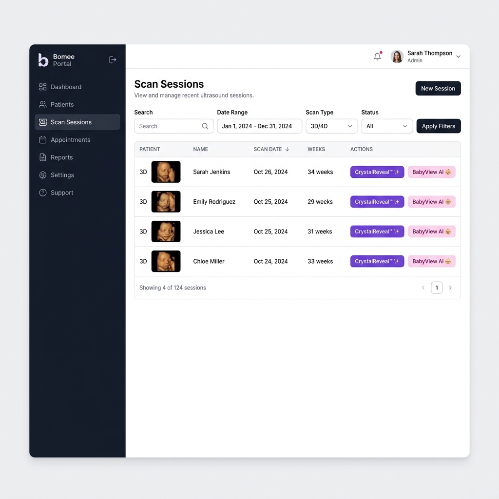 The Bomee Admin Portal listing captured scan sessions by patient and date